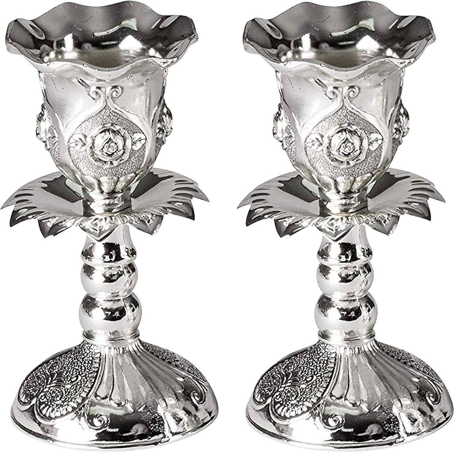Silver Plated Candlesticks, Pair of 4 Inch Ornate Candle Holders with round Base and Floral Design (Pack of 2)