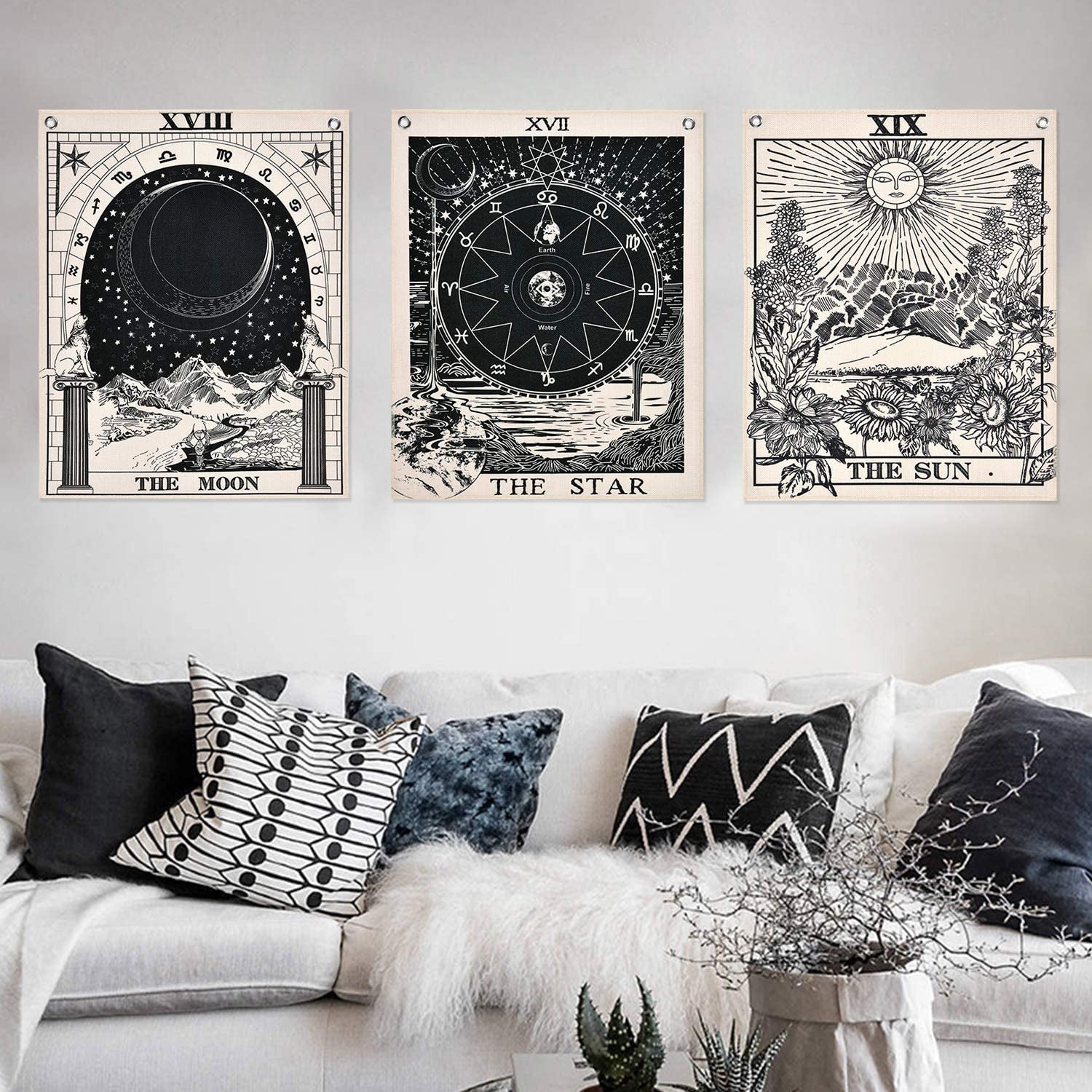 Pack of 3 Tarot Tapestry the Sun the Moon the Star Tarot Card Tapestry with Rustproof Grommets, Seamless Nails (Black White, 11.8 X 15.7 Inches)