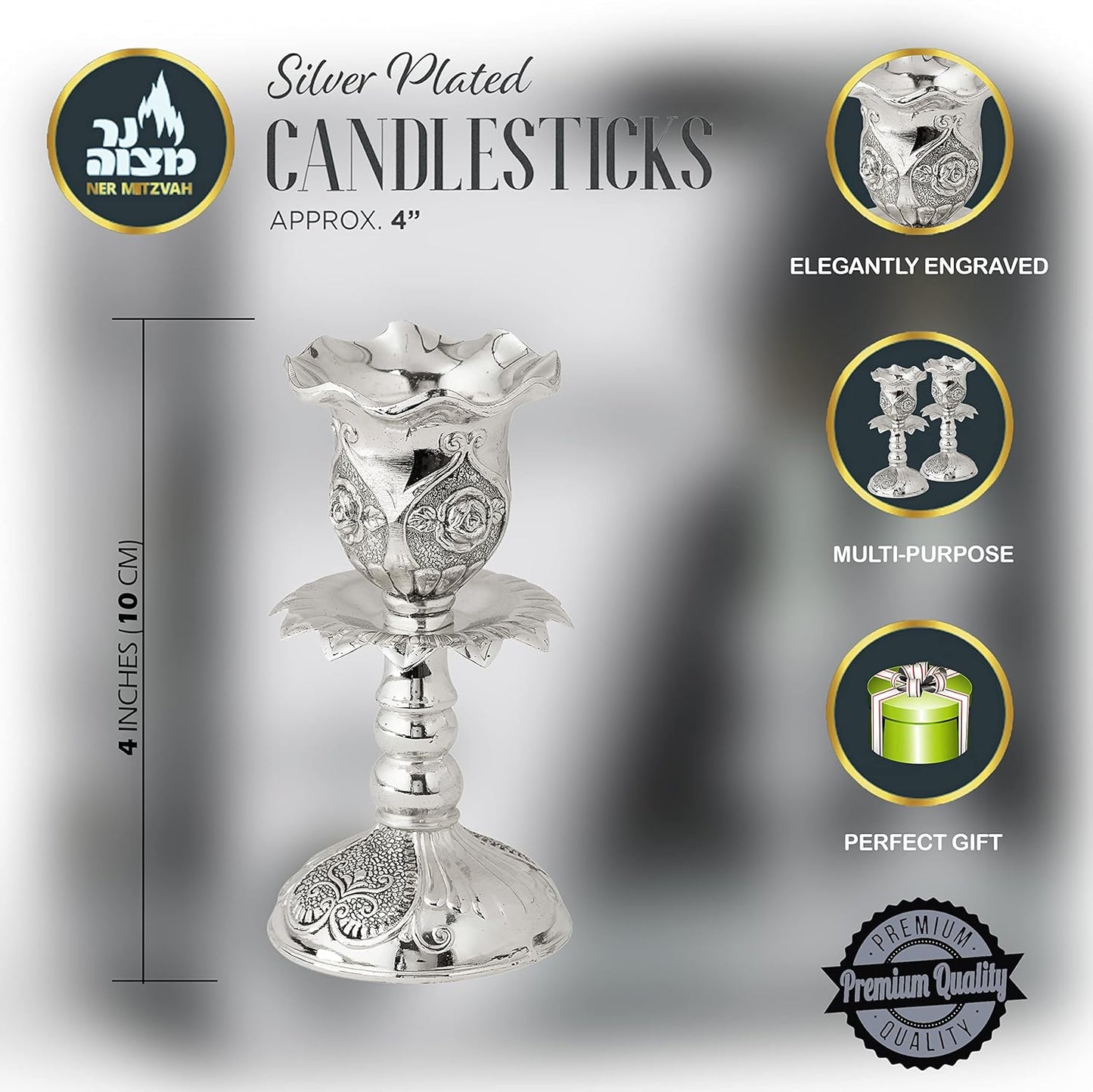 Silver Plated Candlesticks, Pair of 4 Inch Ornate Candle Holders with round Base and Floral Design (Pack of 2)