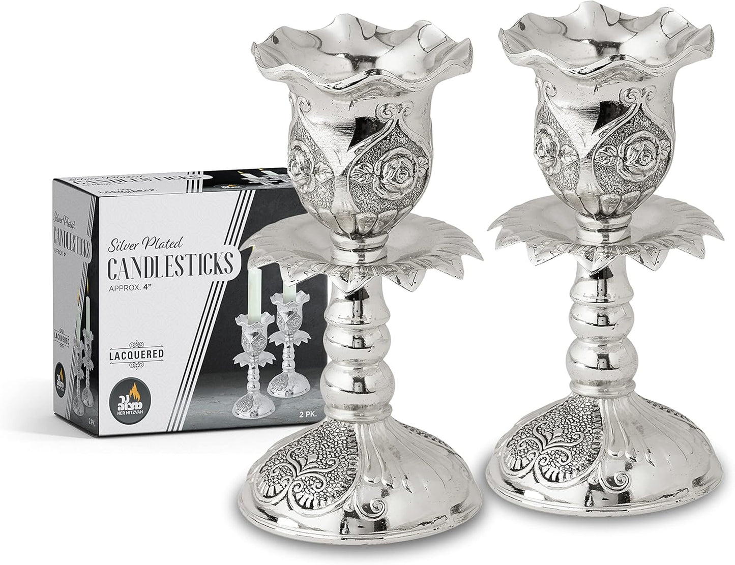 Silver Plated Candlesticks, Pair of 4 Inch Ornate Candle Holders with round Base and Floral Design (Pack of 2)