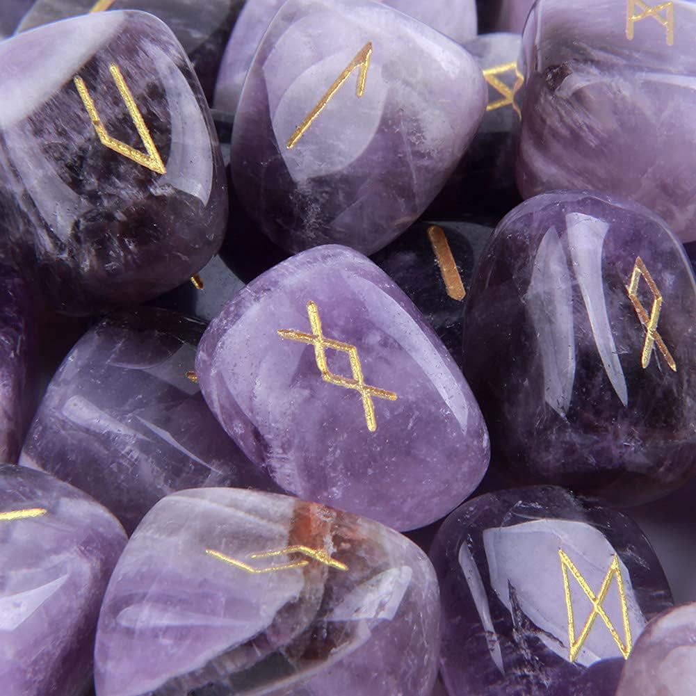 Amethyst Rune Stones Set Engraved Pagan Lettering with Instruction Booklet and Velvet Pouch