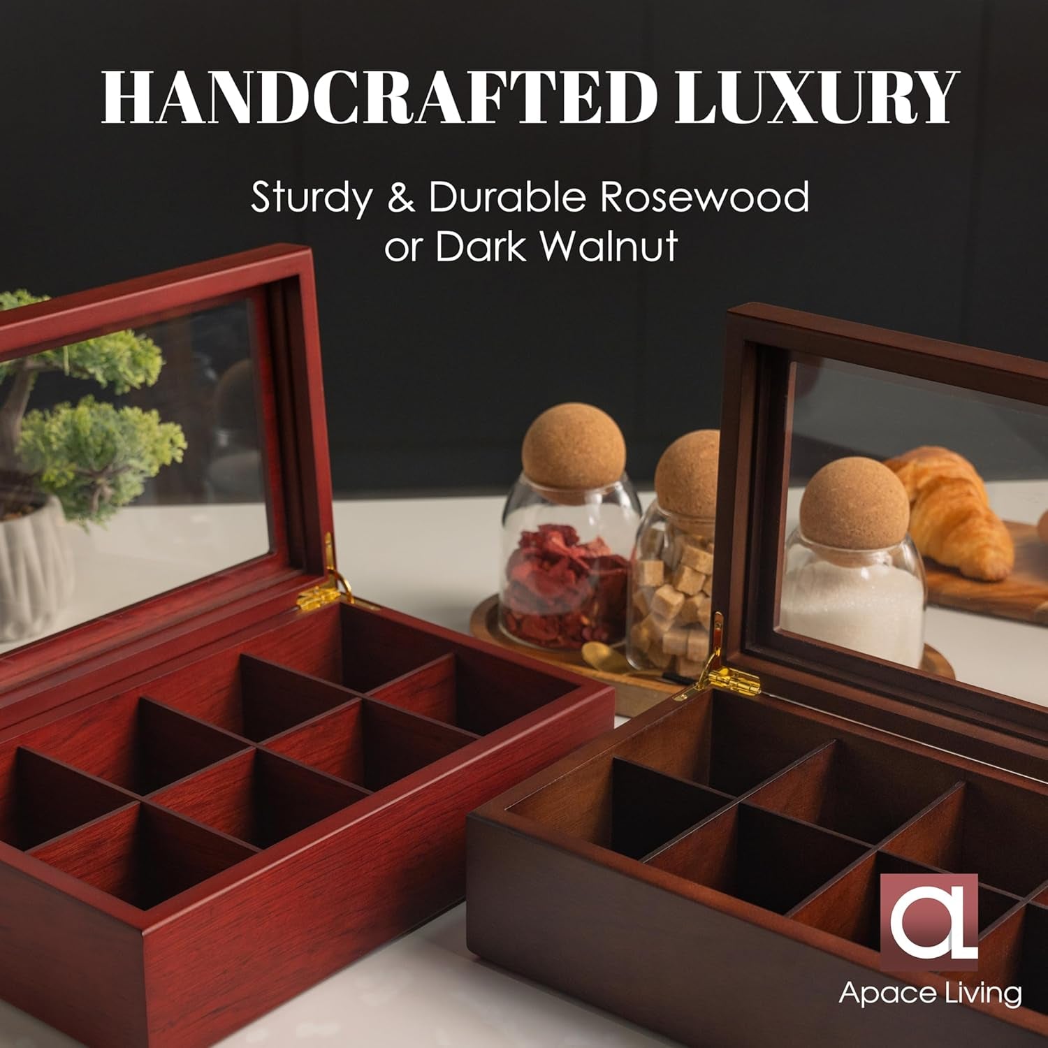 Tea Box - Luxury Wooden Tea Bag Organizer from the Apace Premier Collection - 8 Compartment Tea Storage Chest Container - Elegantly Handmade W/Scratch Resistant Window