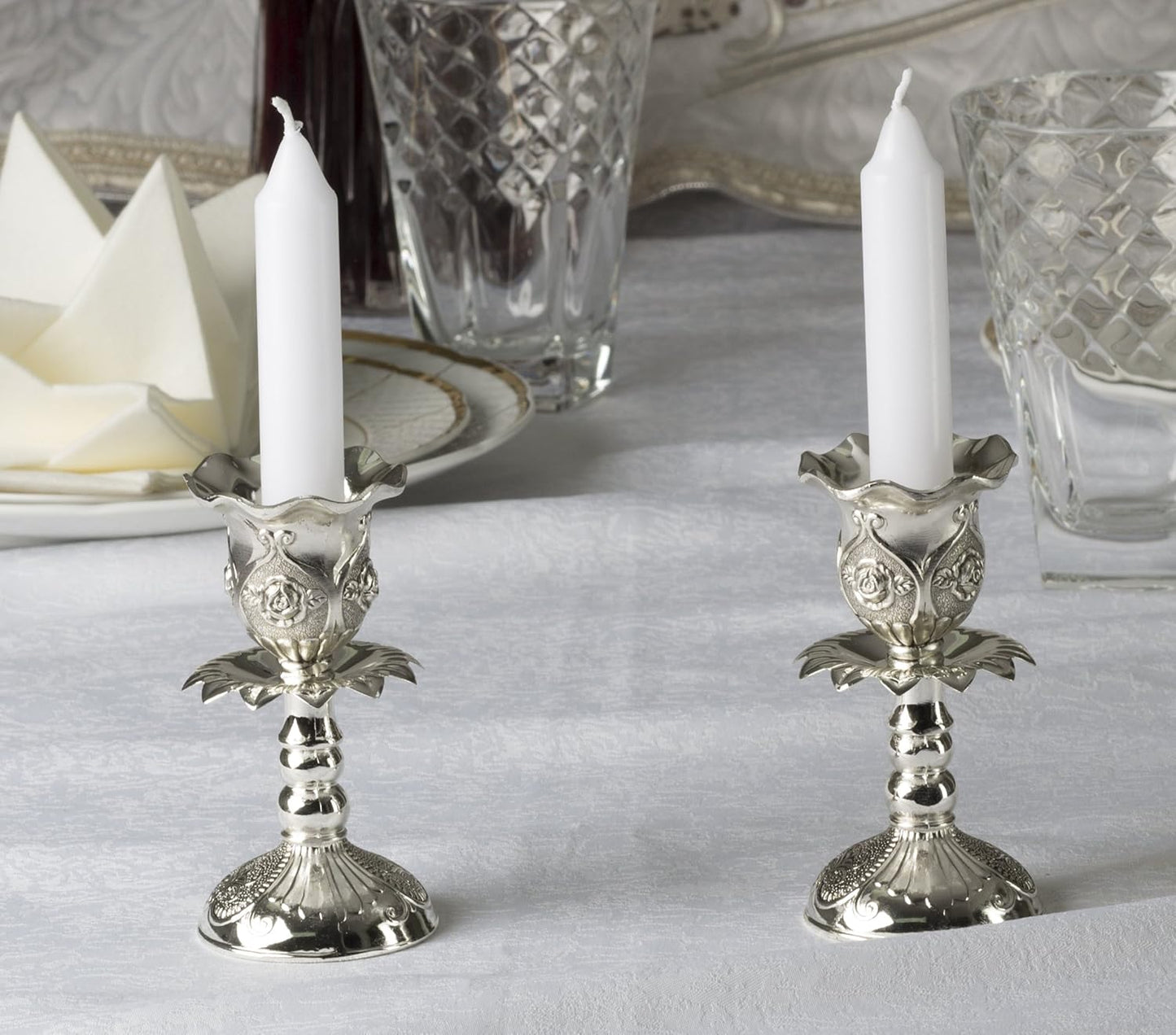 Silver Plated Candlesticks, Pair of 4 Inch Ornate Candle Holders with round Base and Floral Design (Pack of 2)