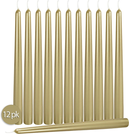 Tall Metallic Cream Gold Taper Candles - 10 Inch - Dripless - 12 Pack - 8 Hour Burn Time