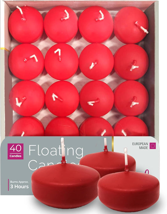 Premium Red Floating Candles 1.75 Inch - 3 Hour - 40 Pack - European Made