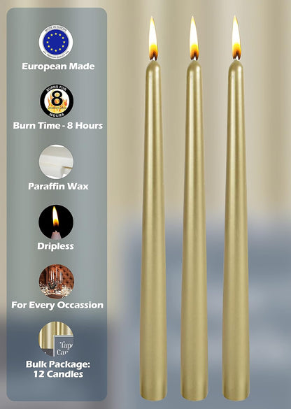 Tall Metallic Cream Gold Taper Candles - 10 Inch - Dripless - 12 Pack - 8 Hour Burn Time