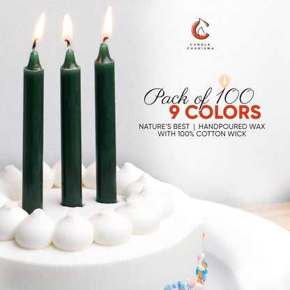100 Green Spell Candles - 4" Unscented Paraffin Chime Candles, Smokeless & Dripless, Colored Candles, 1.5 Hours Burn Time 0.4" Thick Taper Candles for Rituals, Witchcraft and Parties
