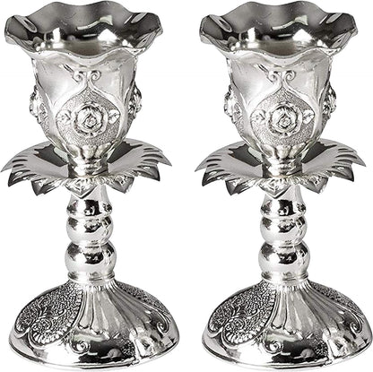 Silver Plated Candlesticks, Pair of 4 Inch Ornate Candle Holders with round Base and Floral Design (Pack of 2)