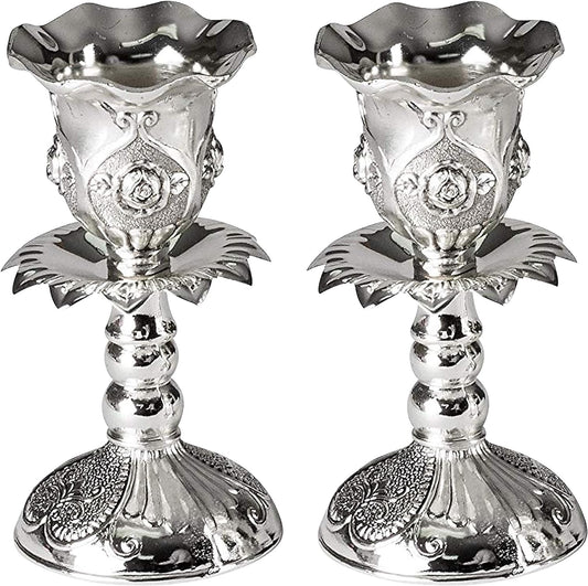 Silver Plated Candlesticks, Pair of 4 Inch Ornate Candle Holders with round Base and Floral Design (Pack of 2)