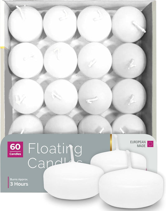 Premium White Floating Candles 1.75 Inch - 3 Hour - 60 Pack - European Made
