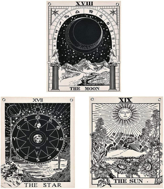 Pack of 3 Tarot Tapestry the Sun the Moon the Star Tarot Card Tapestry with Rustproof Grommets, Seamless Nails (Black White, 11.8 X 15.7 Inches)