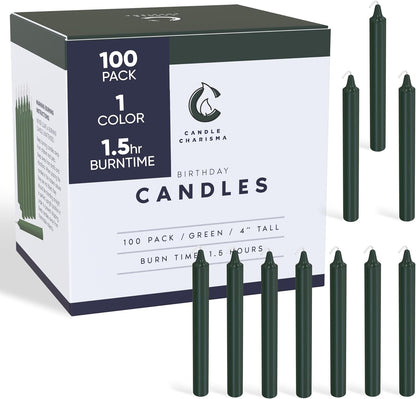 100 Green Spell Candles - 4" Unscented Paraffin Chime Candles, Smokeless & Dripless, Colored Candles, 1.5 Hours Burn Time 0.4" Thick Taper Candles for Rituals, Witchcraft and Parties
