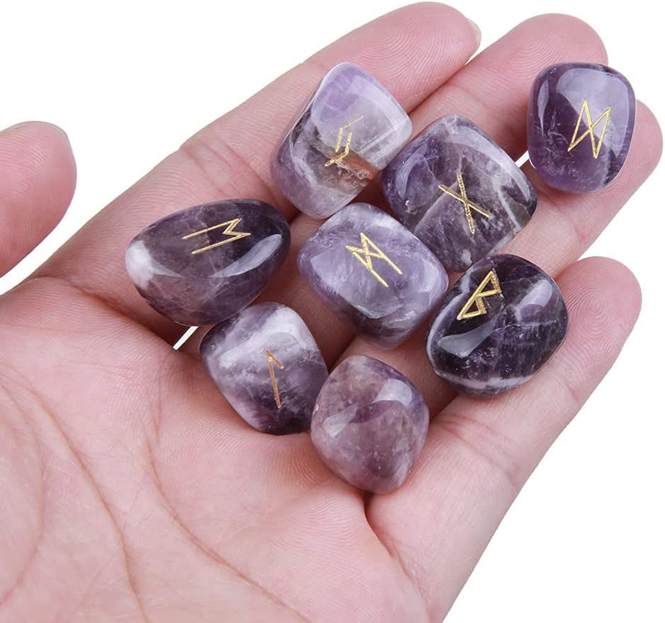 Amethyst Rune Stones Set Engraved Pagan Lettering with Instruction Booklet and Velvet Pouch
