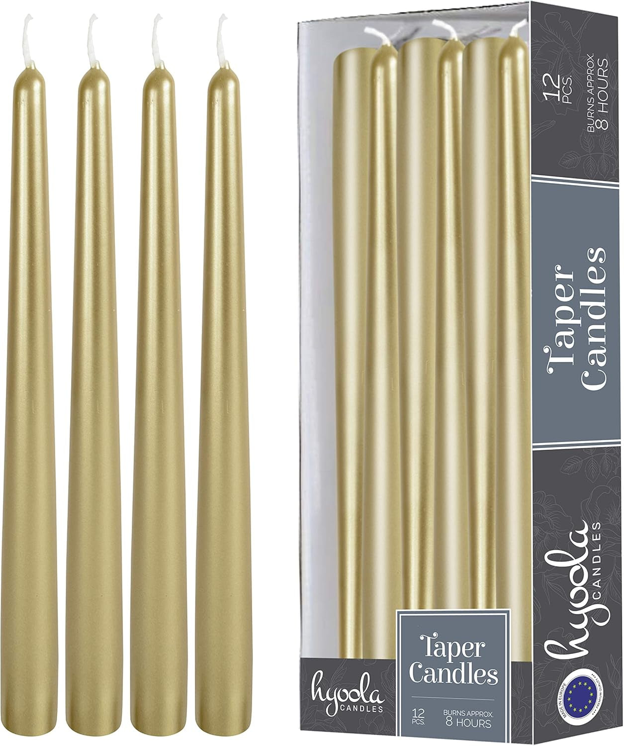 Tall Metallic Cream Gold Taper Candles - 10 Inch - Dripless - 12 Pack - 8 Hour Burn Time