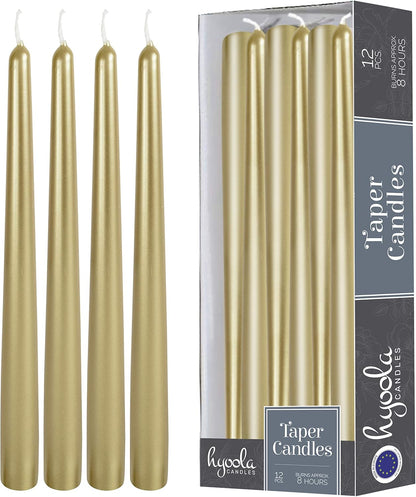 Tall Metallic Cream Gold Taper Candles - 10 Inch - Dripless - 12 Pack - 8 Hour Burn Time