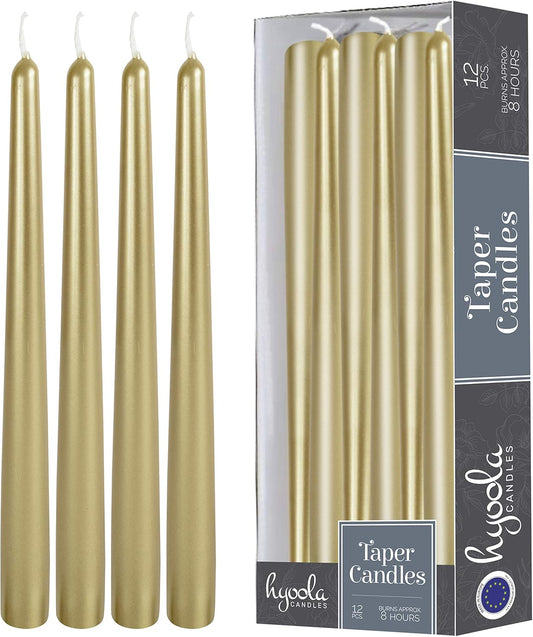 Tall Metallic Cream Gold Taper Candles - 10 Inch - Dripless - 12 Pack - 8 Hour Burn Time