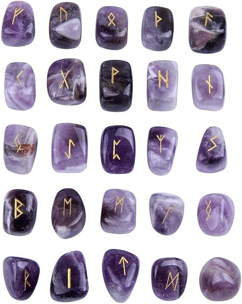 Amethyst Rune Stones Set Engraved Pagan Lettering with Instruction Booklet and Velvet Pouch