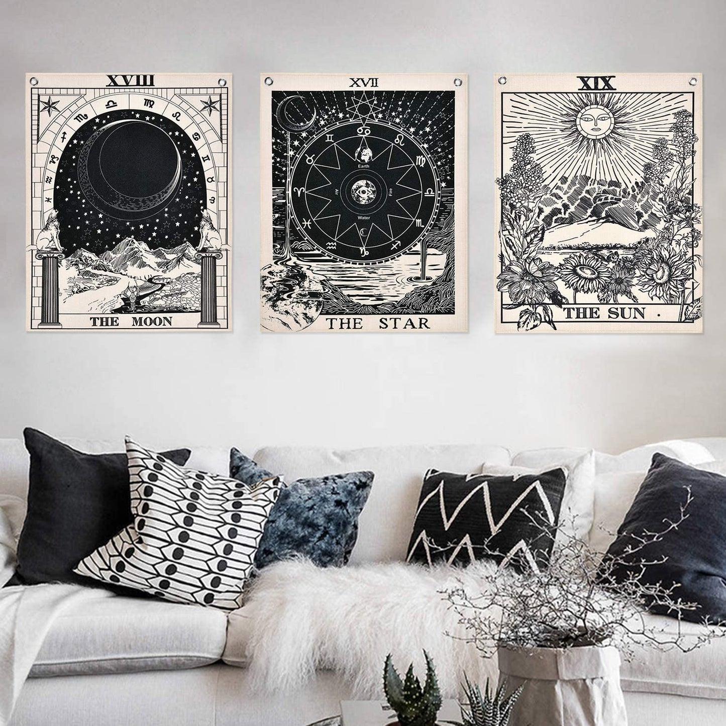 Pack of 3 Tarot Tapestry the Sun the Moon the Star Tarot Card Tapestry with Rustproof Grommets, Seamless Nails (Black White, 11.8 X 15.7 Inches)