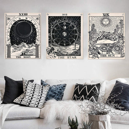 Pack of 3 Tarot Tapestry the Sun the Moon the Star Tarot Card Tapestry with Rustproof Grommets, Seamless Nails (Black White, 11.8 X 15.7 Inches)