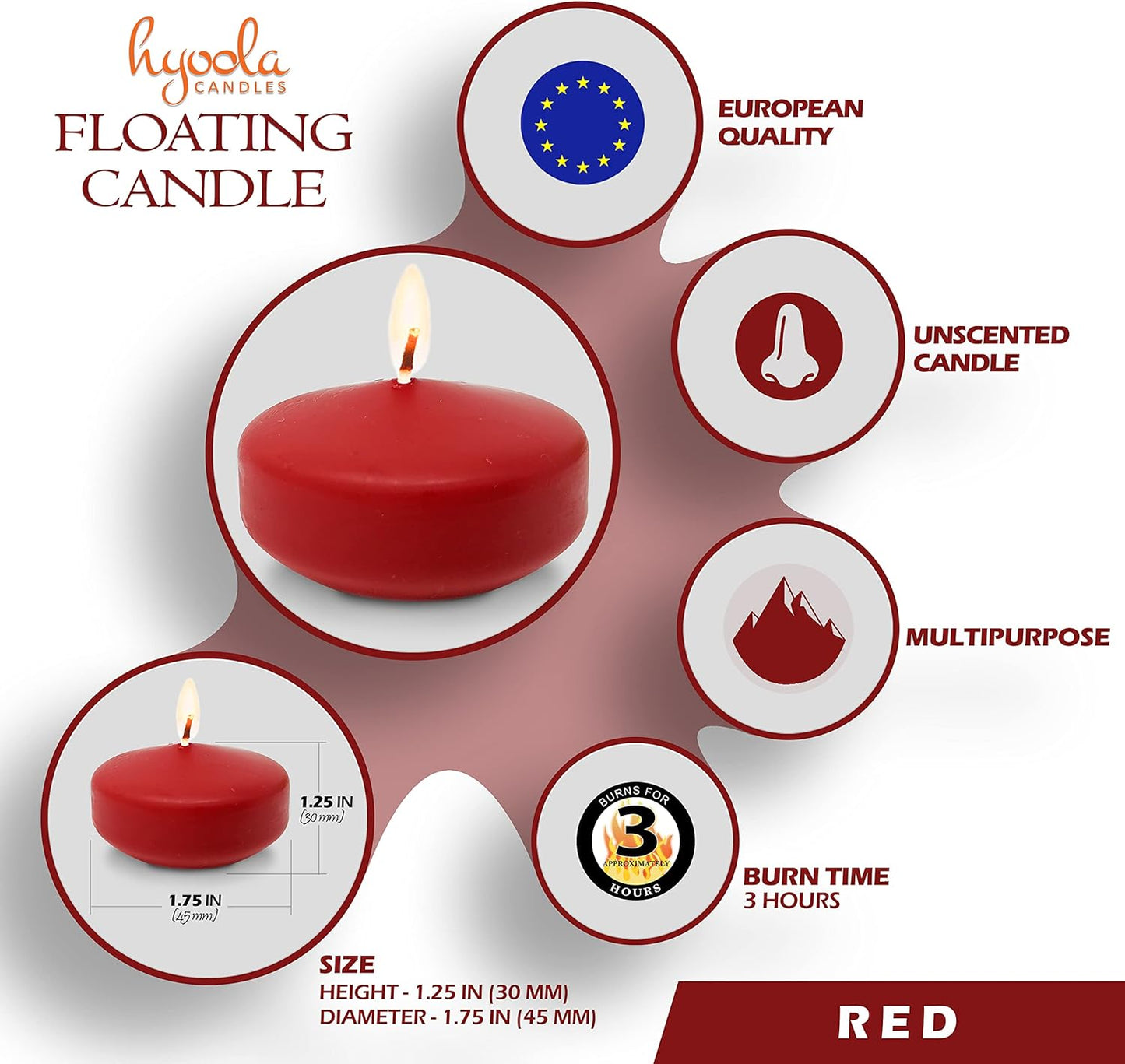 Premium Red Floating Candles 1.75 Inch - 3 Hour - 40 Pack - European Made