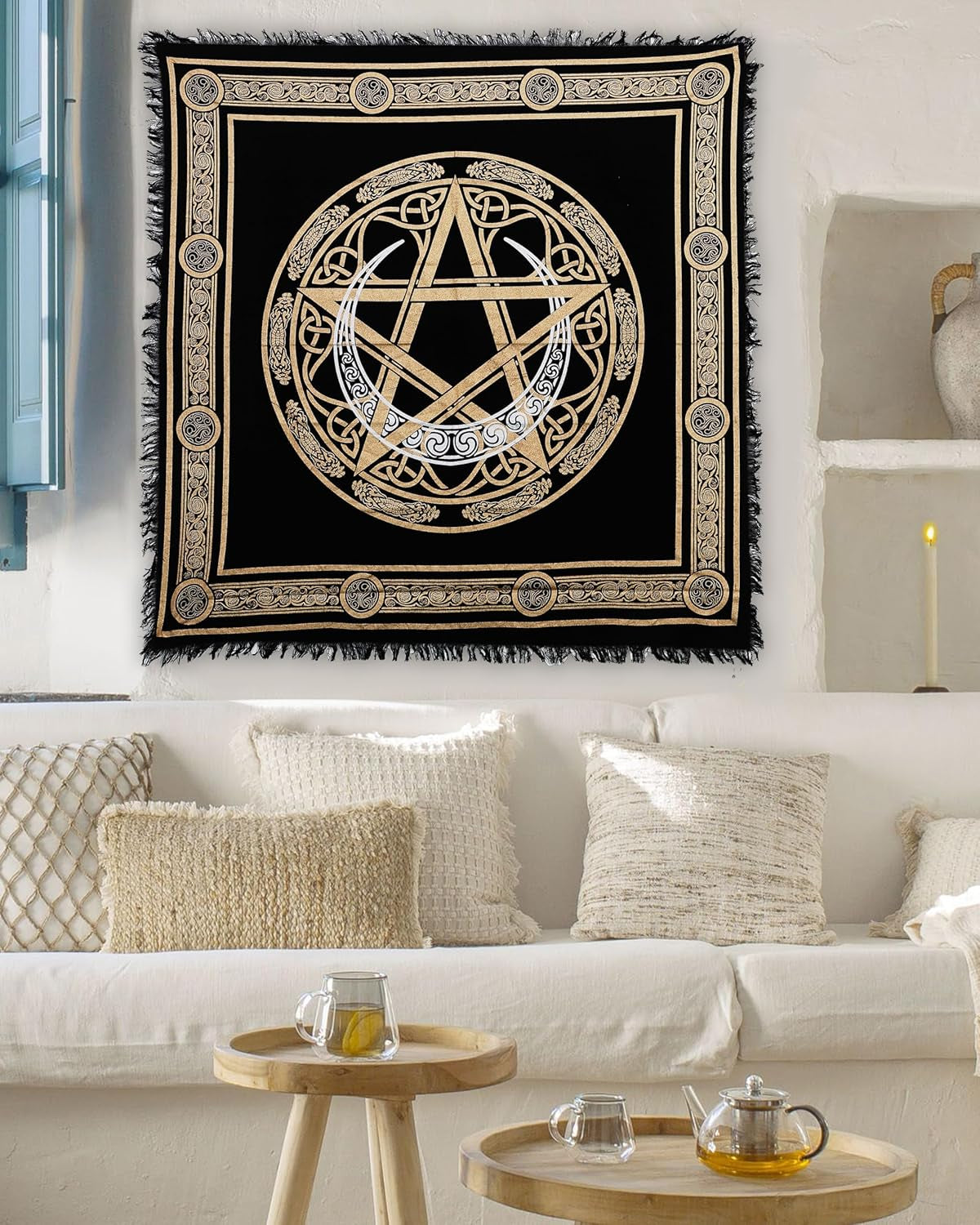 Altar Cloth Crescent Pentagram Witchcraft Alter Tarot Spread Top Cloth Wiccan Square Spiritual 36 by 36 Sacred Crescent Pentagram