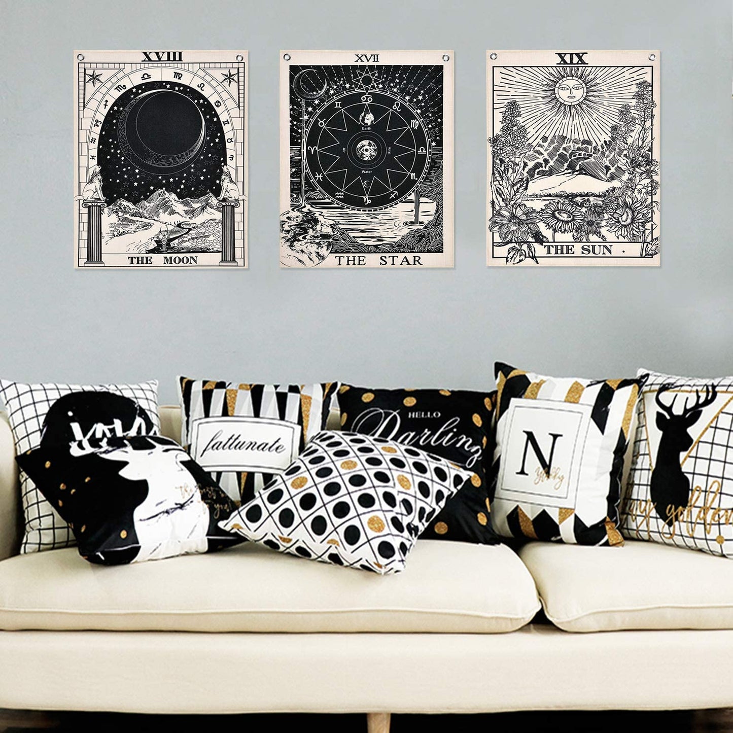 Pack of 3 Tarot Tapestry the Sun the Moon the Star Tarot Card Tapestry with Rustproof Grommets, Seamless Nails (Black White, 11.8 X 15.7 Inches)