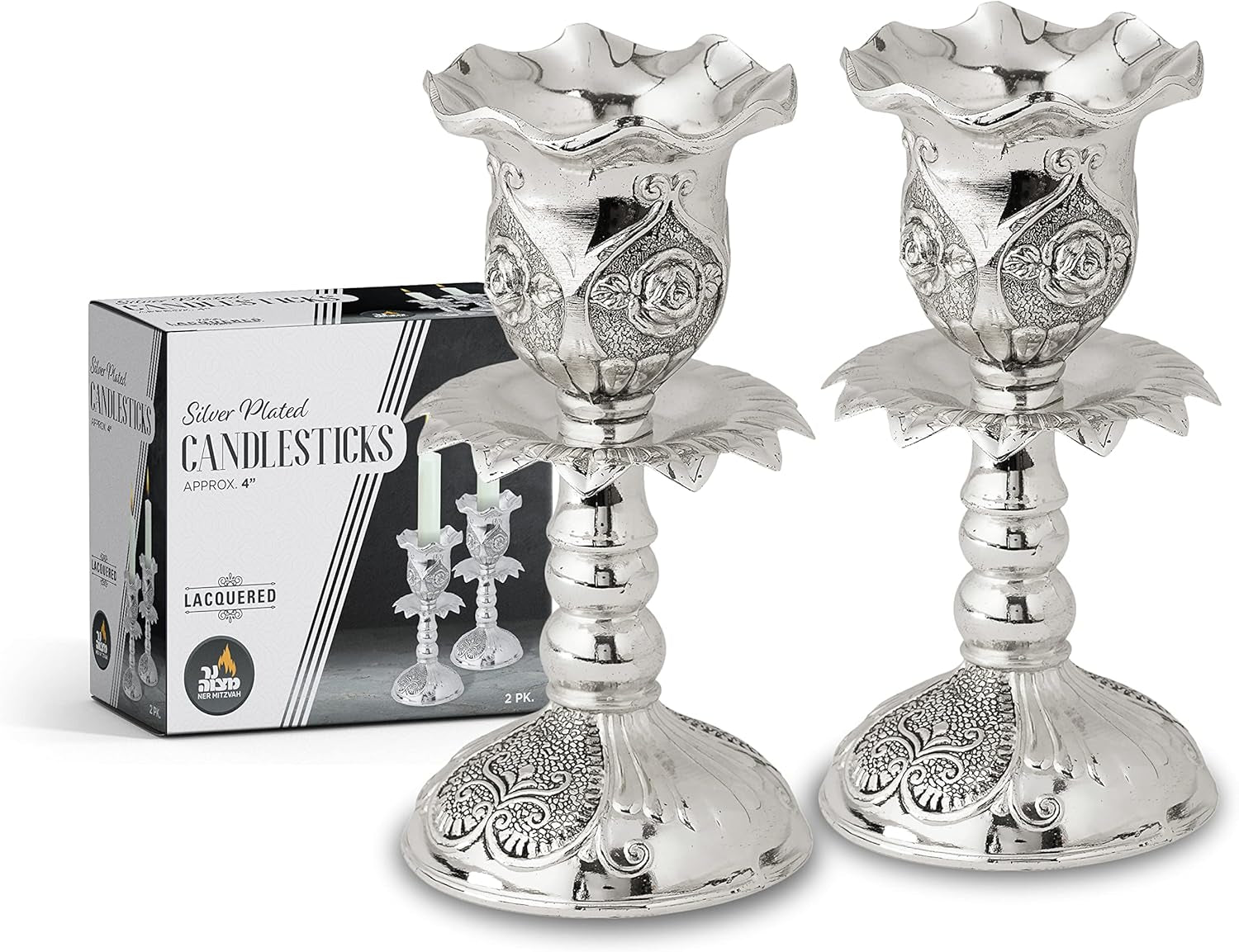 Silver Plated Candlesticks, Pair of 4 Inch Ornate Candle Holders with round Base and Floral Design (Pack of 2)