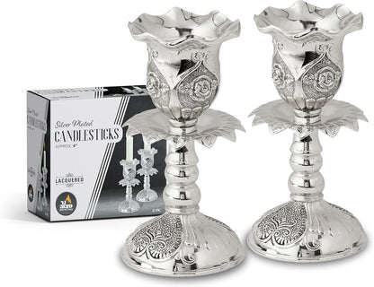 Silver Plated Candlesticks, Pair of 4 Inch Ornate Candle Holders with round Base and Floral Design (Pack of 2)