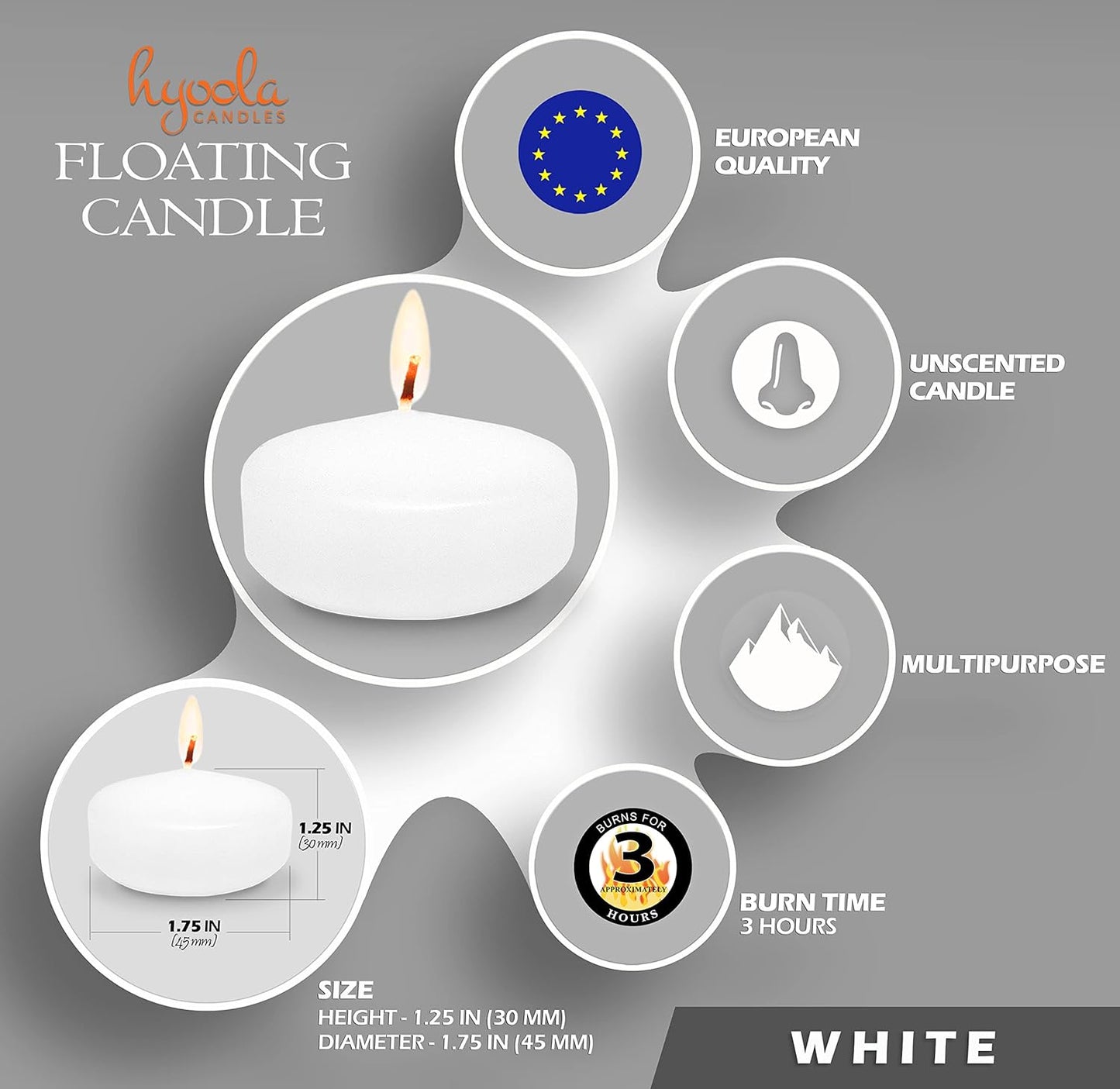 Premium White Floating Candles 1.75 Inch - 3 Hour - 60 Pack - European Made