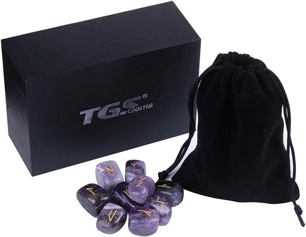 Amethyst Rune Stones Set Engraved Pagan Lettering with Instruction Booklet and Velvet Pouch