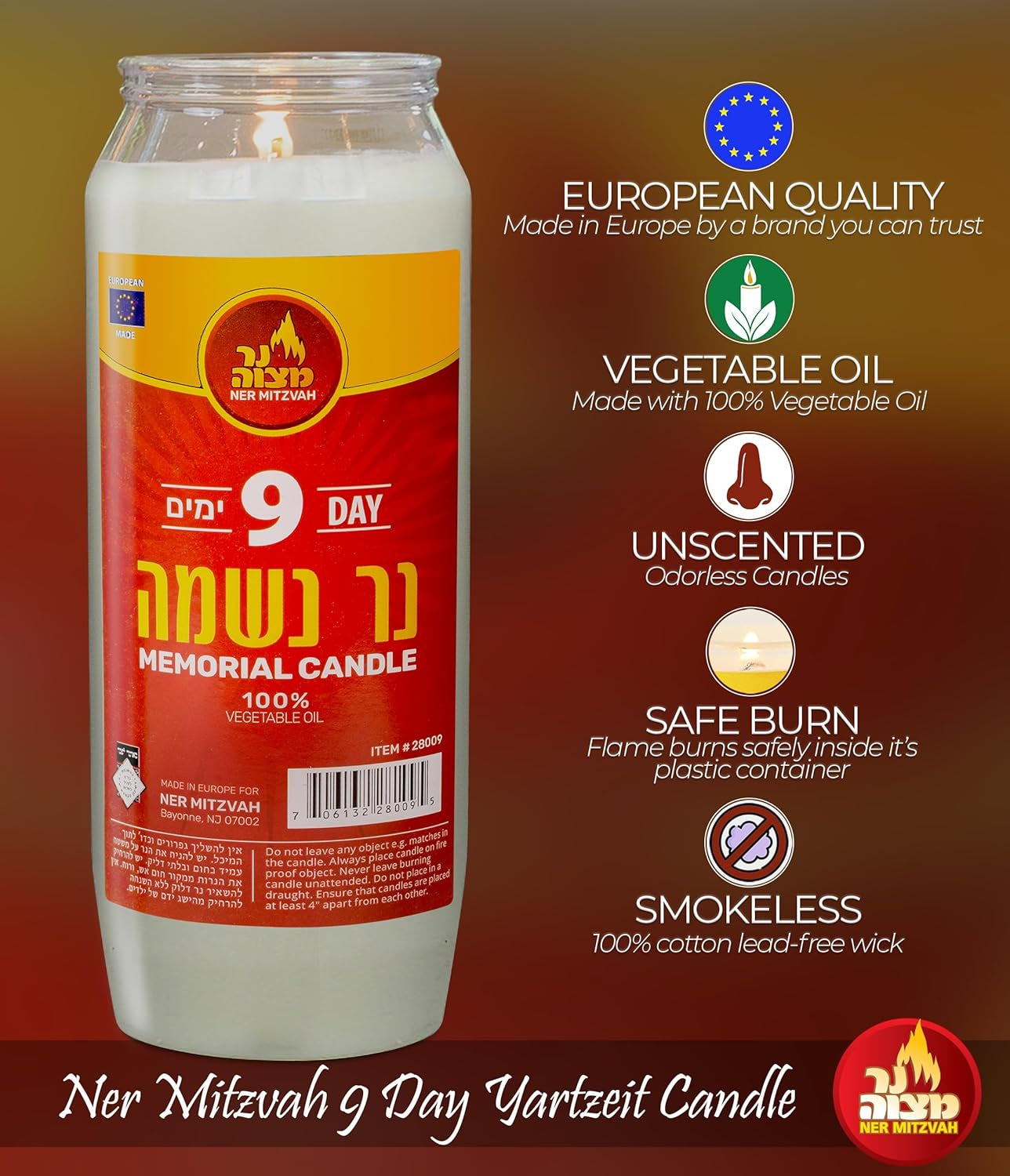 9 Day Yartzeit Candle - 20 Pack Kosher Yahrtzeit Memorial and Yom Kippur Candle in Plastic Holder