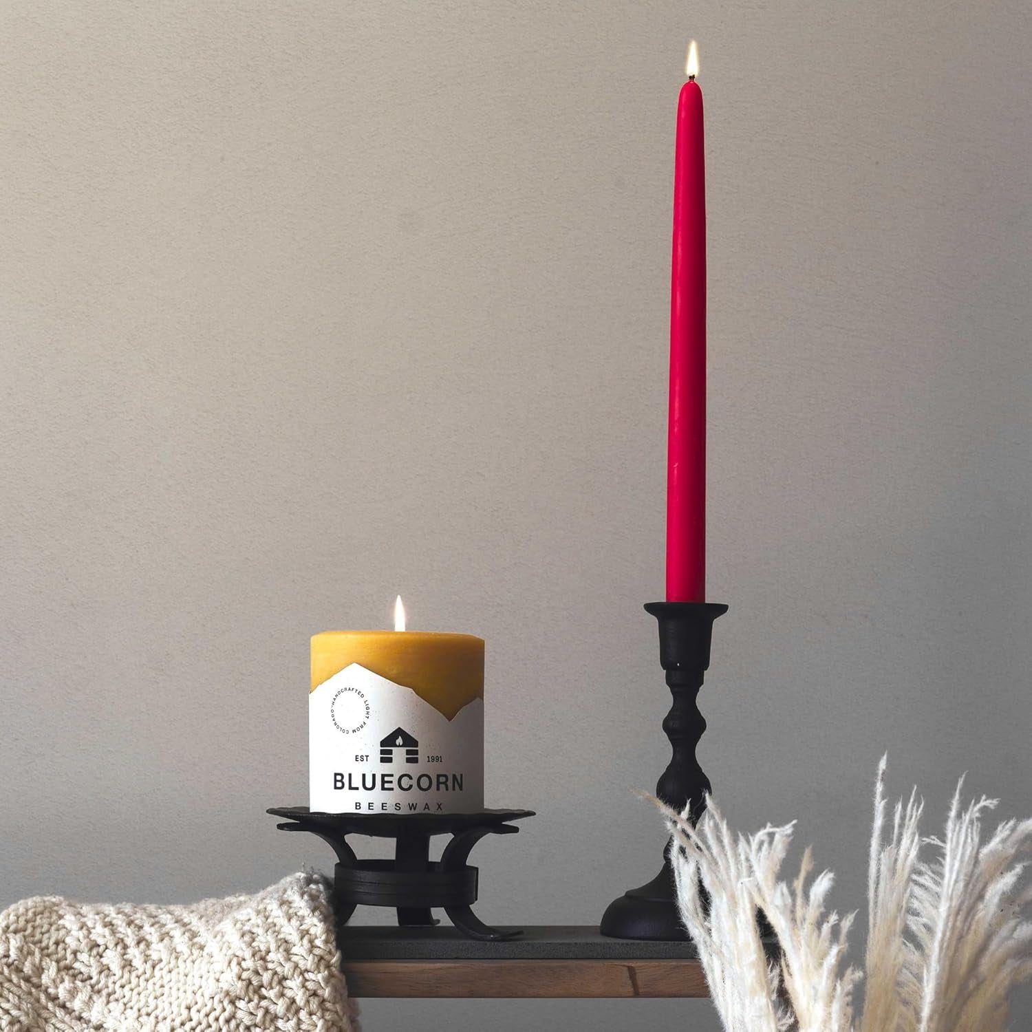 Bluecorn 100% Pure Beeswax Taper Candles | Natural Beeswax, Red Unscented Tapered | Soy, Paraffin & Fragrance Free | 8 Inch, Pair - Two Bright Red Candlesticks