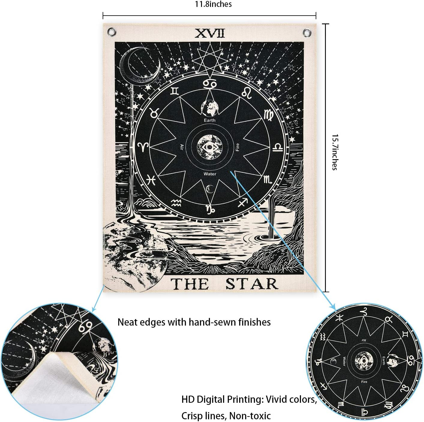Pack of 3 Tarot Tapestry the Sun the Moon the Star Tarot Card Tapestry with Rustproof Grommets, Seamless Nails (Black White, 11.8 X 15.7 Inches)