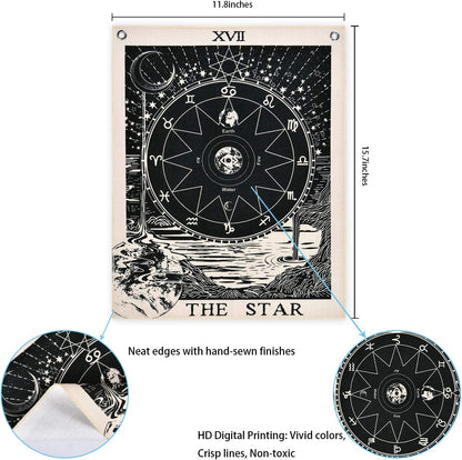 Pack of 3 Tarot Tapestry the Sun the Moon the Star Tarot Card Tapestry with Rustproof Grommets, Seamless Nails (Black White, 11.8 X 15.7 Inches)