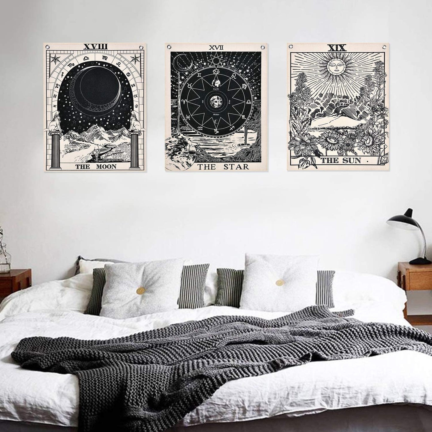 Pack of 3 Tarot Tapestry the Sun the Moon the Star Tarot Card Tapestry with Rustproof Grommets, Seamless Nails (Black White, 11.8 X 15.7 Inches)