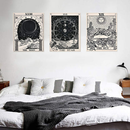 Pack of 3 Tarot Tapestry the Sun the Moon the Star Tarot Card Tapestry with Rustproof Grommets, Seamless Nails (Black White, 11.8 X 15.7 Inches)