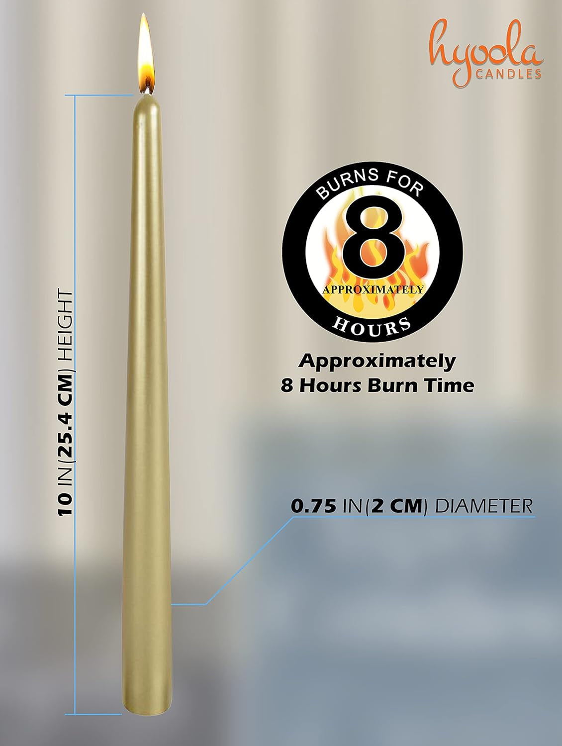 Tall Metallic Cream Gold Taper Candles - 10 Inch - Dripless - 12 Pack - 8 Hour Burn Time