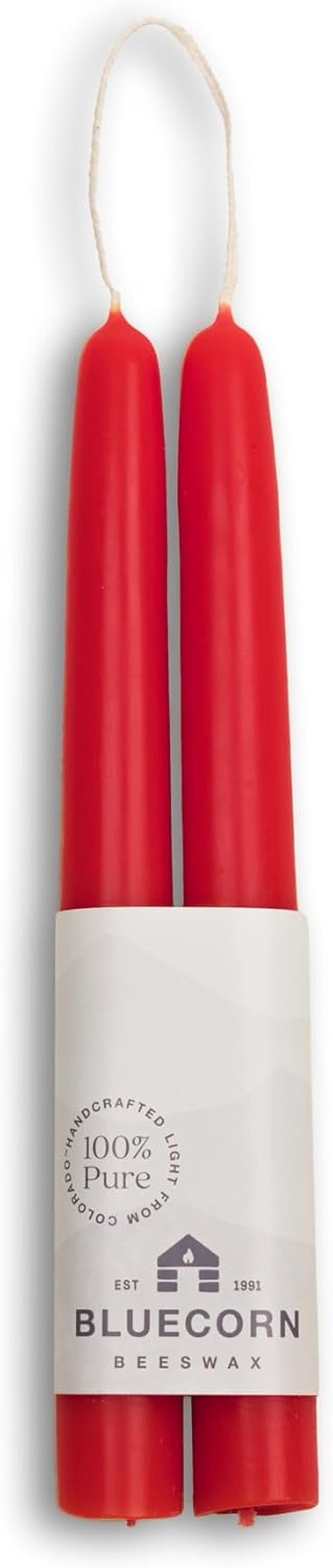 Bluecorn 100% Pure Beeswax Taper Candles | Natural Beeswax, Red Unscented Tapered | Soy, Paraffin & Fragrance Free | 8 Inch, Pair - Two Bright Red Candlesticks