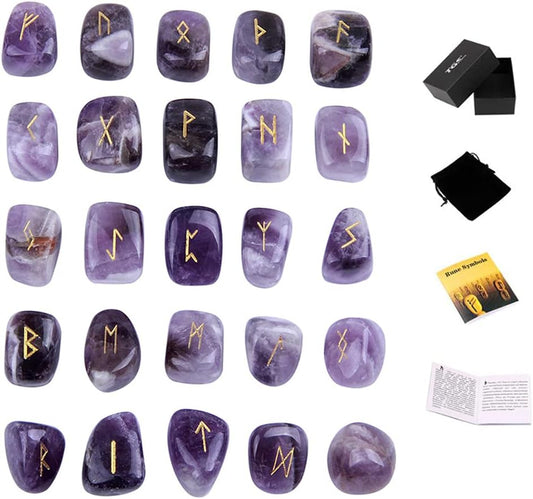 Amethyst Rune Stones Set Engraved Pagan Lettering with Instruction Booklet and Velvet Pouch